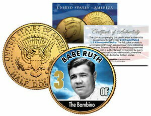 【極美品/品質保証書付】 アンティークコイン 金貨 BABE RUTH ** Baseball Legends ** JFK Kennedy Half Dollar 24K Gold Plated US Coin [送料無料] #gcf-wr-3427-1285