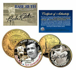 【極美品/品質保証書付】 アンティークコイン コイン 金貨 銀貨 [送料無料] BABE RUTH The Bambino NY Quarter & JFK Half Dollar US 2-Coin Set 24K Gold Plated