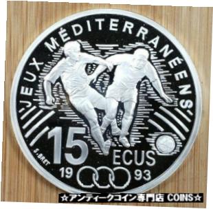  アンティークコイン コイン 金貨 銀貨  1993 France 100 Francs 15 Ecus Silver Proof coin - Med.Games Futbol with Box/COA