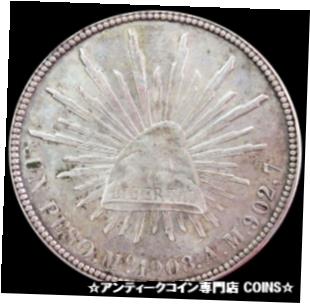 楽天金銀プラチナ　ワールドリソース【極美品/品質保証書付】 アンティークコイン コイン 金貨 銀貨 [送料無料] 1908 Mo AM SILVER MEXICO UN PESO CAP & RAYS COIN MEXICO CITY MINT