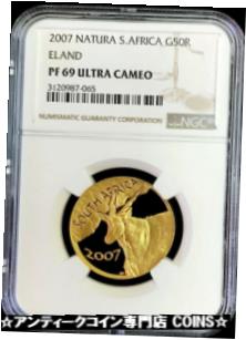 【極美品/品質保証書付】 アンティークコイン コイン 金貨 銀貨 送料無料 2007 GOLD SOUTH AFRICA NATURA 50 RAND 1/2 OZ ELAND NGC PROOF 69 ULTRA CAMEO