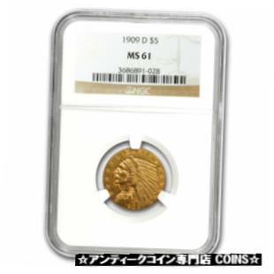 【極美品/品質保証書付】 アンティークコイン コイン 金貨 銀貨 [送料無料] 1909-D $5 Indian Gold Half Eagle MS-61 NGC - SKU#187025