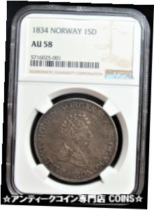 【極美品/品質保証書付】 アンティークコイン 銀貨 Norway: 1834 Silver Specie Daler KM-301 NGC AU-58. Error. 送料無料 sot-wr-3785-27