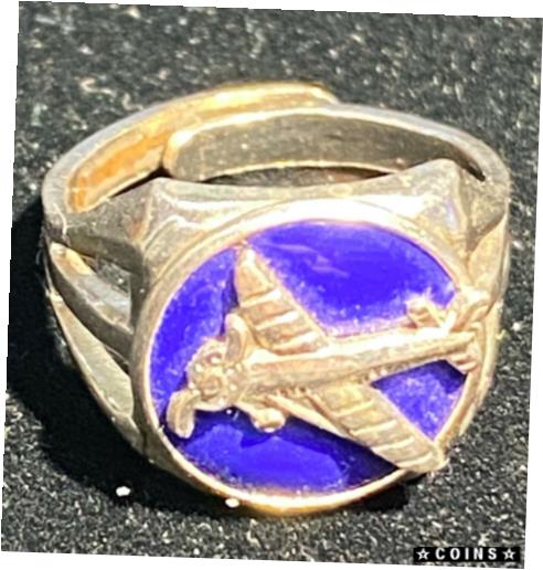  アンティークコイン コイン 金貨 銀貨  ART DECO CEREAL GUMBALL ADJUSTABLE RING WITH 1940'S AIRPLANE BLUE ENAMEL SZ 5