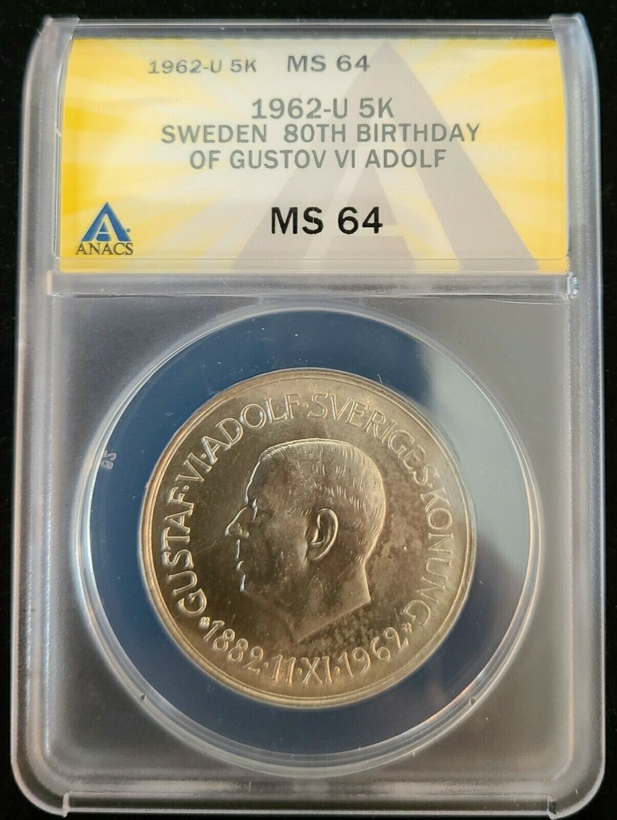 ڶ/ʼݾڽա ƥ    [̵] 1962-U Sweden Silver 5 Kroner ANACS MS-64 80th Birthday Gustov VI Adolf Owl Coin