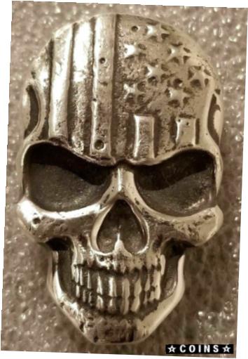 【極美品/品質保証書付】 アンティークコイン コイン 金貨 銀貨 送料無料 Hand Poured MK Barz 2 oz Silver Stars And Stripes Antiqued USA Made 3D Skull Bar