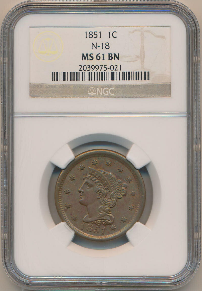 【極美品/品質保証書付】 アンティークコイン コイン 金貨 銀貨 送料無料 1851 Braided Hair Large Cent, N-18 NGC MS61 Brown