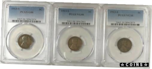  アンティークコイン コイン 金貨 銀貨  1913 S Lincoln Wheat Cent PCGS G06 VG08 VG10 3 Coin Set