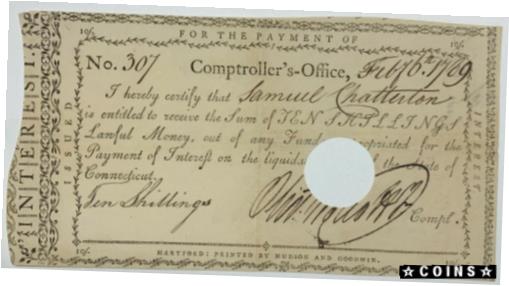 楽天金銀プラチナ　ワールドリソース【極美品/品質保証書付】 アンティークコイン コイン 金貨 銀貨 [送料無料] 1789 Connecticut Interest Payment Notice （Various Amounts） Shillings & Pounds