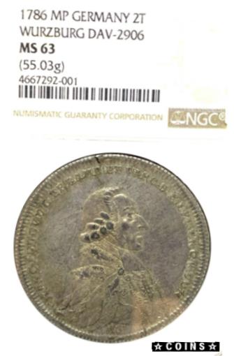 【極美品/品質保証書付】 アンティークコイン 硬貨 German States Wurzburg 1786 MP Taler Coin 2 Thaler NGC MS63 F.STG/STG UNC RARE..