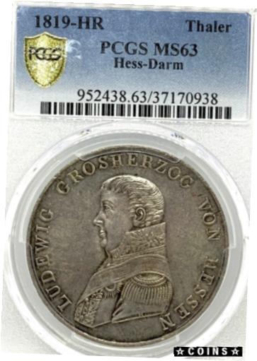 【極美品/品質保証書付】 アンティークコイン コイン 金貨 銀貨 送料無料 German State Hesse-Darmstadt 1819 Taler Coin PCGS MS 63 VZ/F.ST Thaler UNC RARE