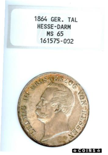 【極美品/品質保証書付】 アンティークコイン コイン 金貨 銀貨 送料無料 German States Hesse-Darmstadt 1864 Taler Coin Thaler NGC MS65 STG/STG UNC RARE