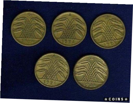 ڶ/ʼݾڽա ƥ    [̵] GERMANY WEIMAR REPUBLIC 5 REICHSPFENNIG COINS: 1925-J, 1926-A, 1936-A, &5 RENTE