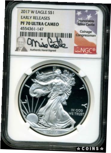 2017-W $1 Proof Silver American Eagle PF70 UCAM NGC 4554361-147※関税は当ショップ負担（お客様負担無し）※全国送料無料・海外輸送無料※商品の状態は画像をご確認下さい（極美品・目立った汚れ無し）※輸入品の為英語表記となります※その他ご不明点はお気軽にお問合せ下さい！Brand/Mint: U.S. MintModified Item: NoCertification: NGCPrecious Metal Content per Unit: 1 ozCertification Number: 4554361-147Strike Type: BusinessCoin: American EagleTotal Precious Metal Content: 1 ozComposition: SilverYear: 2017Country/Region of Manufacture: United StatesMint Location: West PointGrade: PR 70 UCAM[ご購入前に必ずお読み下さい]親切丁寧に、商品到着までサポート対応させていただきます。■パソコンの画像・画質により色や素材感が、実際の商品と多少異なる場合がございますので予めご了承くださいませ。■お客様のご都合（程度の解釈相違を含む）による商品のご購入後のキャンセル返品は、原則としてお受け致しておりません。未払いのまま2日以上連絡が取れない場合はキャンセルさせて頂きます。その場合、事務局側が自動的に「非常に悪い」の評価を付けてしまいますのでご注意ください。※お支払い頂いた場合は連絡は不要です。※他ショップでも販売しておりますので、稀に在庫がない場合がございます。■不具合での返品は箱などすべてが到着時の状態になるものに限らせていただきます。※当店では不良品はすべて現物確認と不具合の確認を行い対応をさせて頂いております。■お客様のご都合によるご注文確定後の商品のキャンセルにつきましては承っておりません。また、ご入金確認後、またはご決済完了確認後のキャンセルにつきましては、ご注文総額の30％のキャンセル料をご請求させていただきます。■領収書二重発行やトラブル防止のため、領収書発行は行っておりません。事務局側が発行している「支払い明細」が正式な支払い証明となります。支払い明細画面を印刷したものが領収書の代わりになることを各税務署に確認済みです。■年末年始・連休の発送は、業者も休みになる関係でいつもより遅れます。■輸送時の破損の場合は配送業者への報告を行って下さい。報告なしでの対応はできません。■日祝日は定休日とさせていただいております。連絡・発送が出来ませんのであらかじめご了承お願いいたします。■内容は必ずお読みになってからお買い求め下さいますようお願い致します。※在庫状況は常に更新をしておりますが、当社は複数店舗で在庫を共有しているため、ご注文を頂きましても稀に欠品している場合がございます。その際は誠に申し訳ございませんが、その旨をメールまたはお電話にてご連絡させていただきます。ご理解いただけますようお願い申し上げます。親切・丁寧にお取引させていただきますのでよろしくお願いします。 品質保証について 当店の商品の、品質保証についてご紹介いたします。 ▽品質保証書 お買い上げいただく全ての商品に「WORLD RESOURCE品質保証書」をおつけいたします。 これは、WORLD RESOURCEが販売した商品であることを保証するものです。大切に保管してください。 ▽標準保証に関して 当店でご購入頂きました商品は7日以内の標準保証サービスが付属致します。 ※ご購入日につきましては、製品の品質保証書に記載の日付にて確認させていただきます。 ※保証は通常利用時のみの対応となります。 ※ご購入日の確認を致しかねる場合は有償となります。品質保証書は大切に保管して下さい。POINT01　品揃え一番店を目指して 「期待に答えるお店づくりと、時代に合わせたサービスをご提供致します。」 POINT02　多種多様な商品レパートリー 「幅広く、世界の商品をご用意しております。」 POINT03　きっと見つかる！新しい発見 「テレビや雑誌で紹介されたアイテムもいちはやく。」 モットー：丁寧な接客対応 その道数十年のスタッフだからこそできる、“豊富な知識”に基づく商品のご提案。 お探しの商品はお気軽にスタッフにお尋ねください。 「以前は、商品ページあったけど、、、見つからない。」 「初めてアンティークコインの購入をしますが大丈夫ですか？」 「この年代の商品を探していますが、おすすめはありますか？」 「友人にアンティークコインを送りたいけど、おすすめありますか？」 等など、困ったときの質問にも、しっかり対応・お調べ致します。 取寄せ、取り置き等もできますので、商品一覧で見つからなかった商品でも、 スタッフまでお気軽にご相談下さい。 【お問い合わせはお気軽にどうぞ】 suport@world-resource.net