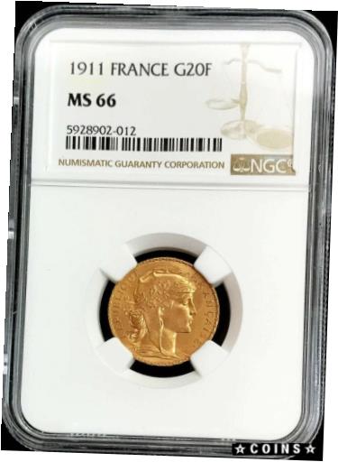 【極美品/品質保証書付】 アンティークコイン コイン 金貨 銀貨 送料無料 1911 GOLD FRANCE 20 FRANCS ROOSTER COIN NGC MINT STATE 66