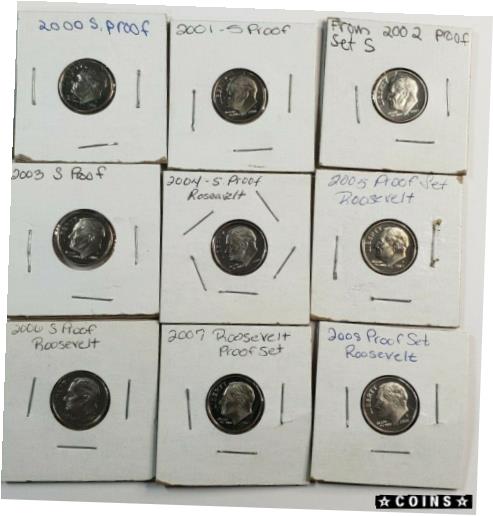 【極美品/品質保証書付】 アンティークコイン コイン 金貨 銀貨 [送料無料] 2000 2001 2002 2003 - 2007 2008 S Roosevelt Clad Proof Dime 9 Coin Set Lot 1