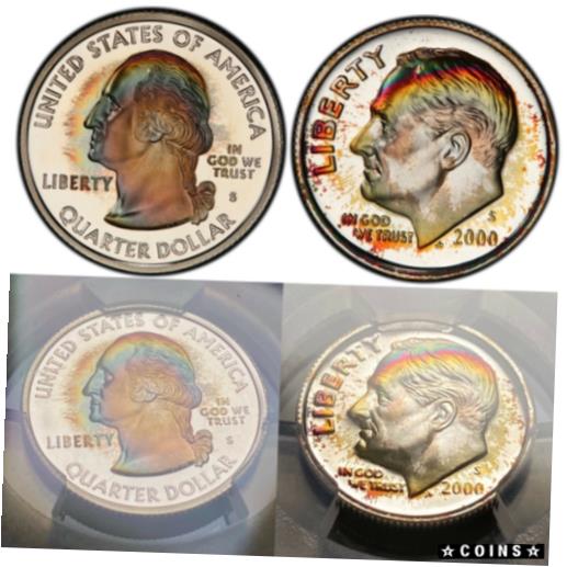 【極美品/品質保証書付】 アンティークコイン コイン 金貨 銀貨 送料無料 Clown Wig Presidents Rainbow Toned Washington/Roosevelt Pair, PCGS Secure Color
