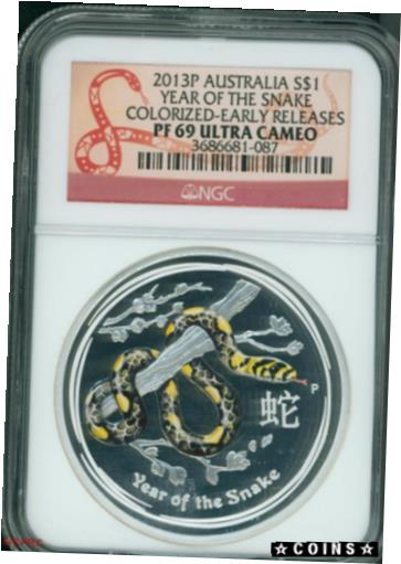 ڶ/ʼݾڽա ƥ    [̵] 2013-P $1 S$1 AUSTRALIA COLORIZED SNAKE 1 Oz. PROOF SILVER NGC PF69 PR69 ER