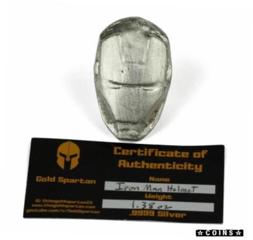【極美品/品質保証書付】 アンティークコイン コイン 金貨 銀貨 送料無料 Gold Spartan Iron Man Helmet 1.38 oz .999 Fine Silver Bar with COA