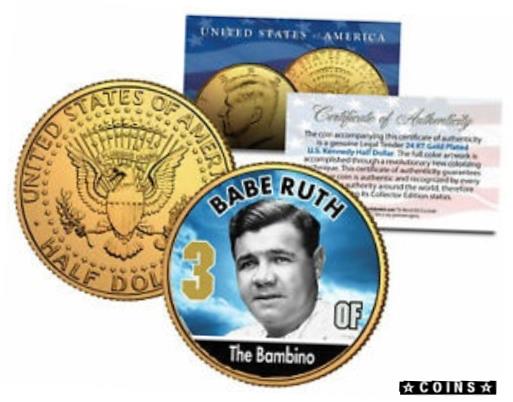 【極美品/品質保証書付】 アンティークコイン コイン 金貨 銀貨 [送料無料] BABE RUTH ** Baseball Legends ** JFK Kennedy Half Dollar 24K Gold Plated US Coin