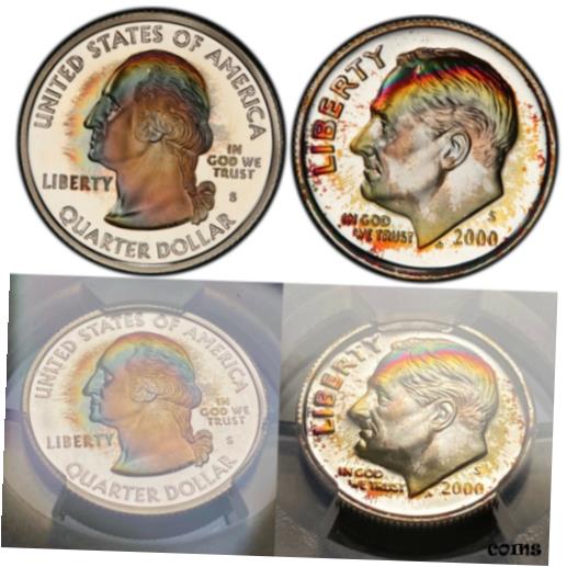 【極美品/品質保証書付】 アンティークコイン コイン 金貨 銀貨 送料無料 Clown Wig Presidents Rainbow Toned Washington/Roosevelt Pair, PCGS Secure Color