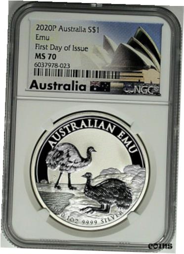【極美品/品質保証書付】 アンティークコイン コイン 金貨 銀貨 [送料無料] 2020 $1 P Australia Silver Emu NGC MS70 First Day of Issue Opera House Label