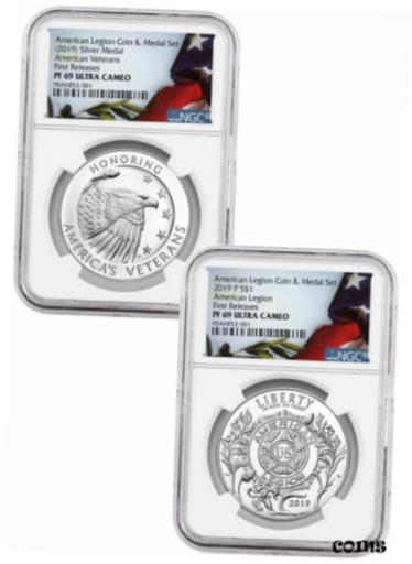 ڶ/ʼݾڽա ƥ    [̵] 2 PC 2019P American Legion Silver Dollar& Medal NGC PF69 UC FR SKU58168