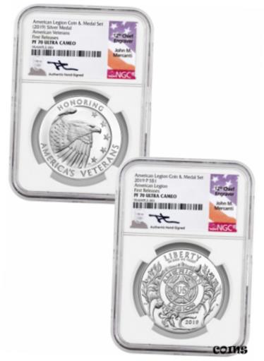 ڶ/ʼݾڽա ƥ    [̵] 2PC American Legion Silver Dollar&Medal NGC PF70 UC FR Mercanti Label SKU58214