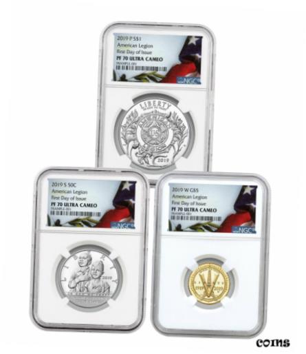 ڶ/ʼݾڽա ƥ    [̵] 2019 P S W American Legion 100th 3 Coin Set NGC PF70 FDI Liberty Flag SKU57818
