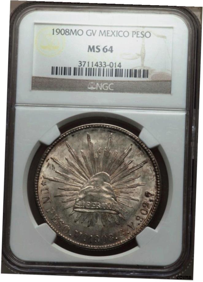  アンティークコイン コイン 金貨 銀貨  M010 Republic Peso 1908 Mo-GV MS64 NGC, メキシコシティミント, KM-409.2- show original title