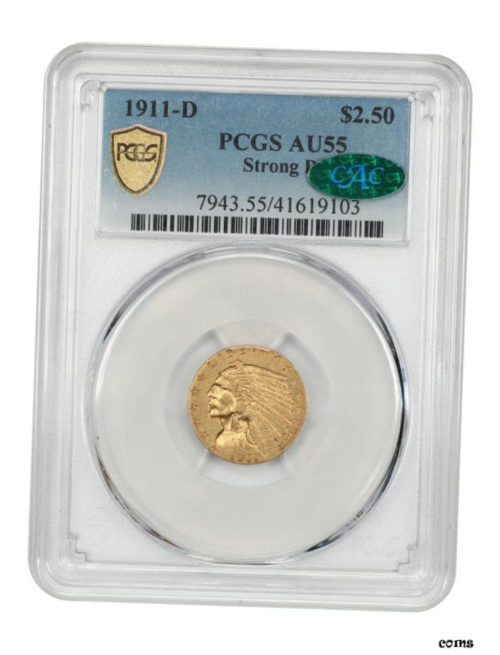 【極美品/品質保証書付】 アンティークコイン 硬貨 1911年-D 2 1/2 PCGS/CAC AU55-シリーズのキー日付 - 2.50 インドゴールドコイン- show original title 送料無料 oot-wr-5671-1214