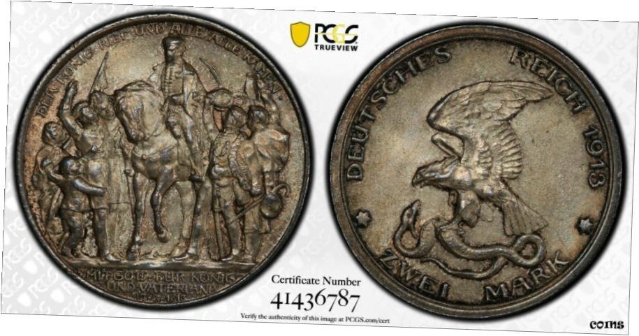  アンティークコイン コイン 金貨 銀貨  1913年 プロイセンTwo (2) Marks PCGS MS 64 100年記念 、 J 109 ウィッターコイン- show original title