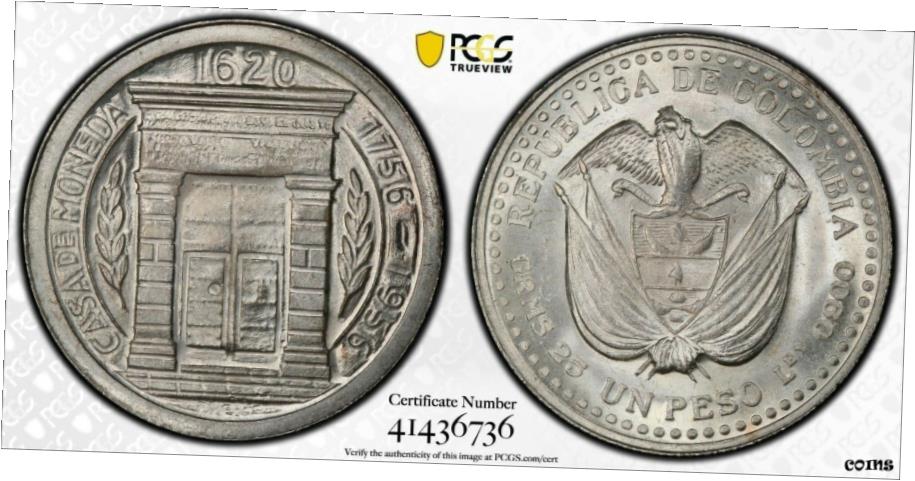  アンティークコイン コイン 金貨 銀貨  1956 コロンビア ワン （ 1 ） ペソ PCGS MS 67 200th Ann. Popayan 新品同様 ウィッターコイン- show original title