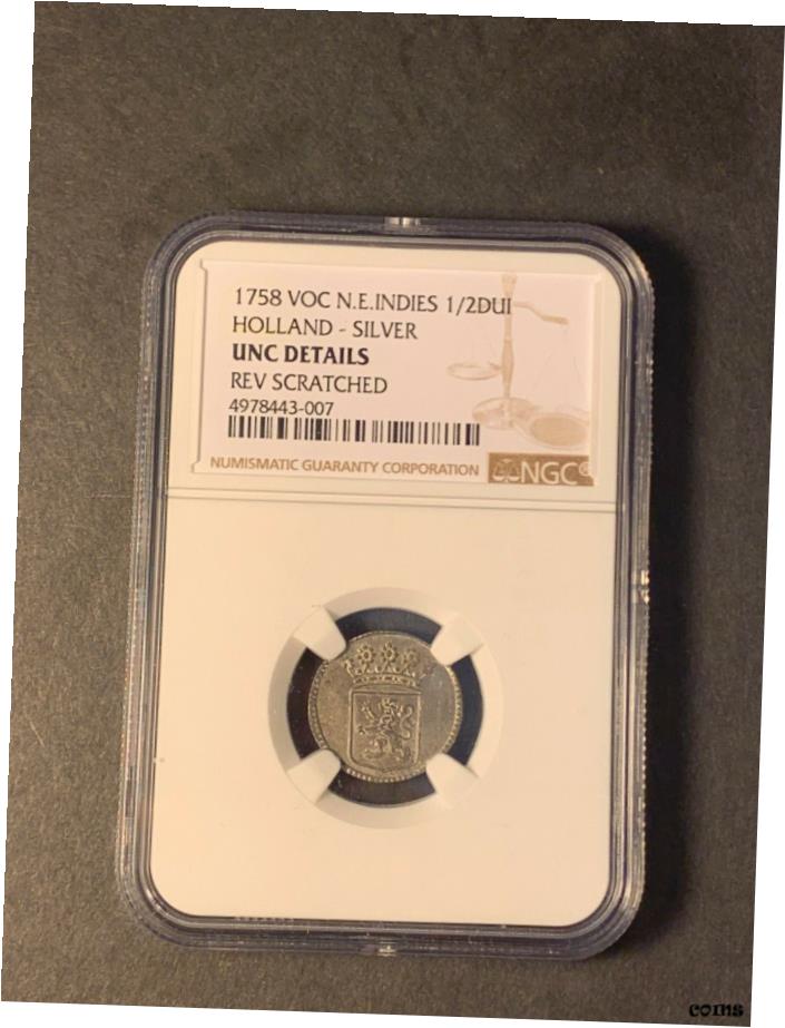  アンティークコイン コイン 金貨 銀貨  オランダ東インドオランダホランドシルバー 1/2 ジット 1758 未流通 NGC スクラッチ- show original title