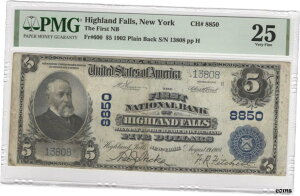 $5 1902 国立銀行紙幣 Fr#600 CH#8850 ハイランドフォールズ 、 NY PMG 25 プレーンバック$5 1902 National Bank Note Fr#600 CH#8850 Highland Falls, NY PMG 25 Plainback