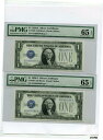 1928年 A $1 シルバー証明書 面白い背面 2 連続 シリアル番号 PMG 651928 A $1 Silver Certificate Interesting Back 2 Consecutive Serial Number PMG 65