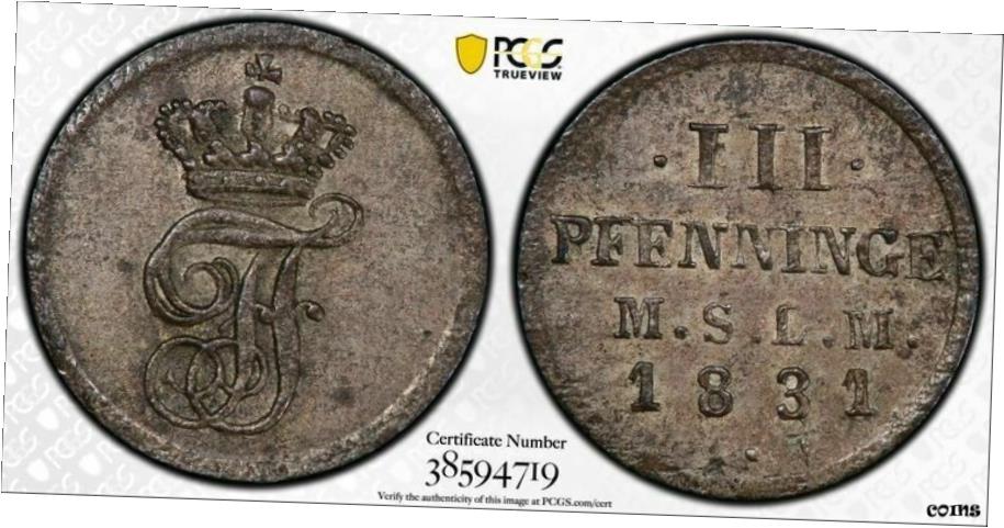  アンティークコイン コイン 金貨 銀貨  1831 ドイツ Mecklenburg-シュウェリン 3Pf. PCGS MS63 Lot#G1236 シルバー ！ 選択UNC ！- show original title