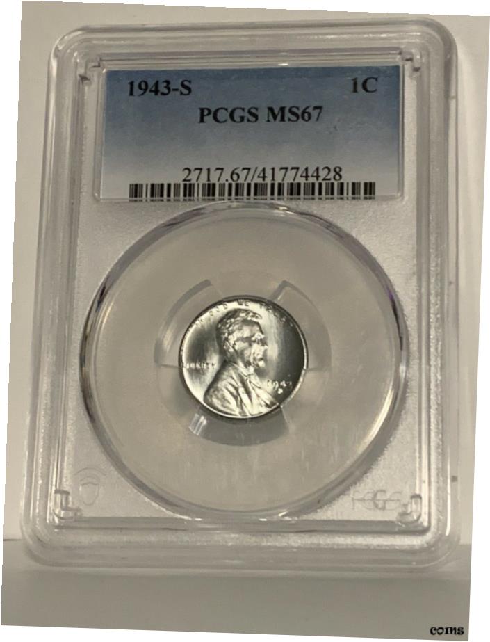 1943-Sリンカーン小麦セント、ウーバージェムウォータイムスティーリー、非常に満足、PCGS MS671943-S Lincoln Wheat Cent, Uber Gem Wartime Steely, Very Satisfied, PCGS MS67