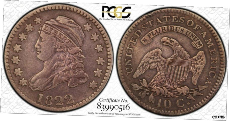 【極美品/品質保証書付】 アンティークコイン 硬貨 1822年 10C キャップバストダイム PCGS XF 詳細 - 100K 鋳造 刻印キー日付 ！- show original title [送料無料] #oot-wr-6016-43