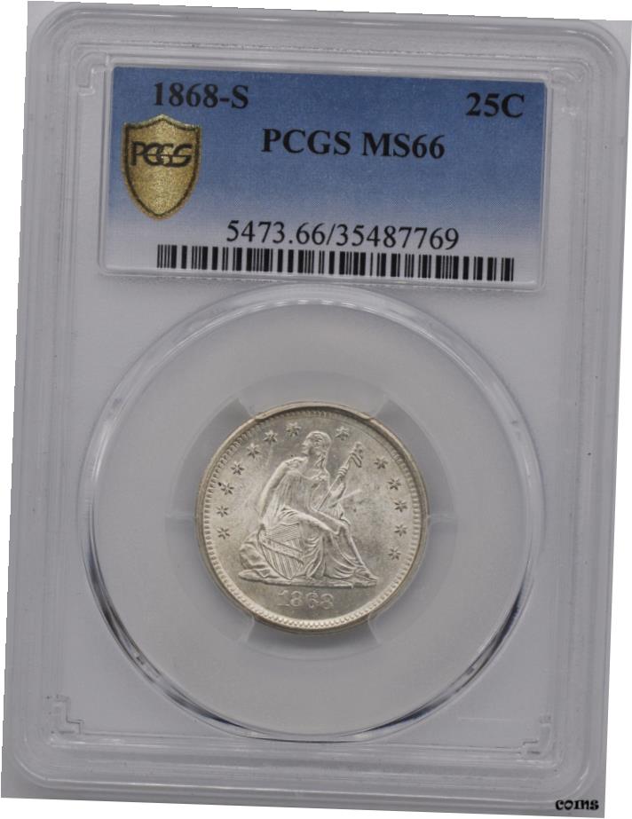 【極美品/品質保証書付】 アンティークコイン 硬貨 1868-S リバティシート 25C PCGS MS 66- show origi..