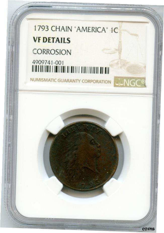 【極美品/品質保証書付】 1793 Flowing Hair Chain Cent NGC VF Details American 1c US 銅コイン-JJ509- show original title