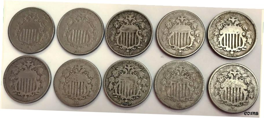  アンティークコイン コイン 金貨 銀貨  （ 10 ） 1866 -1869 米国シールドニッケル 5 C流通コインロット- show original title