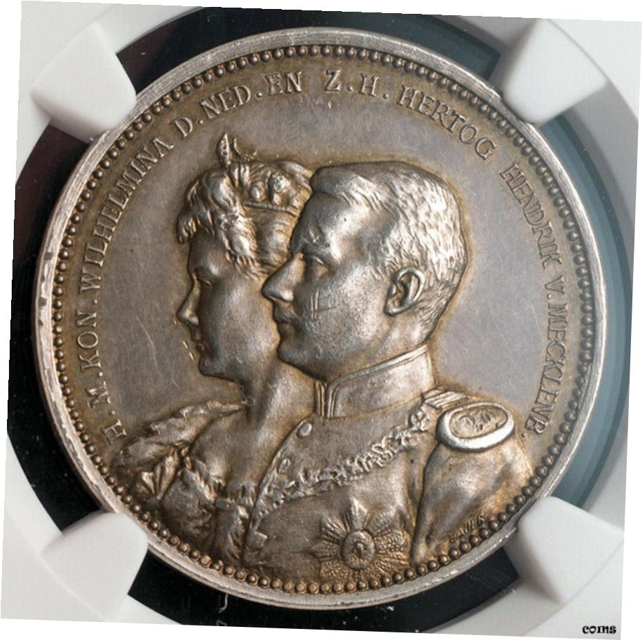  アンティークコイン コイン 金貨 銀貨  1901, Mecklenburg-シュヴェリン/オランダ. 希少シルバー結婚 メダル. NGC AU-58!- show original title