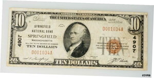1929年 $10 国立銀行紙幣-TYPE 1 チャーター 4907 スプリングフィールド 、 マス1929 $10 National Bank Note-TYPE 1 Charter 4907 Springfield, Mass.