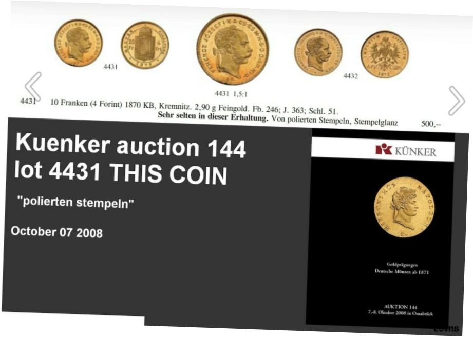 【極美品/品質保証書付】 アンティークコイン 硬貨 PCGS 1870 プルーフ オリジナル ハンガリー ゴールド コイン 4 フォリント-EX クエンカー-プルーフ- show original title [送料無料] #oot-wr-6648-12