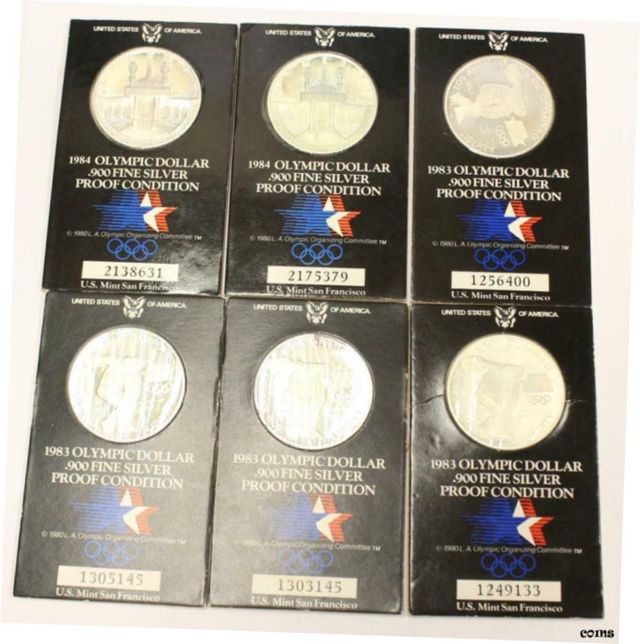 【極美品/品質保証書付】 アンティークコイン コイン 金貨 銀貨 送料無料 6x USA Proof Olympic Silver Dollars 4x1983 2x1984 .900 fine silver 6-coins