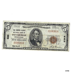 1929年 $5 スモールサイズ国立銀行紙幣ファーマーズピッツバーグ預金, ペンシルバニア1929 $5 Small Size National Bank Banknote Farmers Pittsburgh Deposit, Pennsylvania