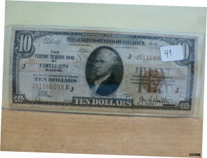 Fr#1860-J 1929年 $10 カンザスシティ連邦準備銀行 、 MO S # J01166098AFr#1860-J 1929 $10 Federal Reserve Bank of Kansas City, MO S # J01166098A