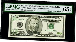 50 ドル 1996 年フィラデルフィア連邦準備銀行券「オフセット印刷エラー」 PMG 65 EPQ GU$50 1996 Federal Reserve Bank Note Philadelphia "Offset Printing Error" PMG 65 EPQ GU