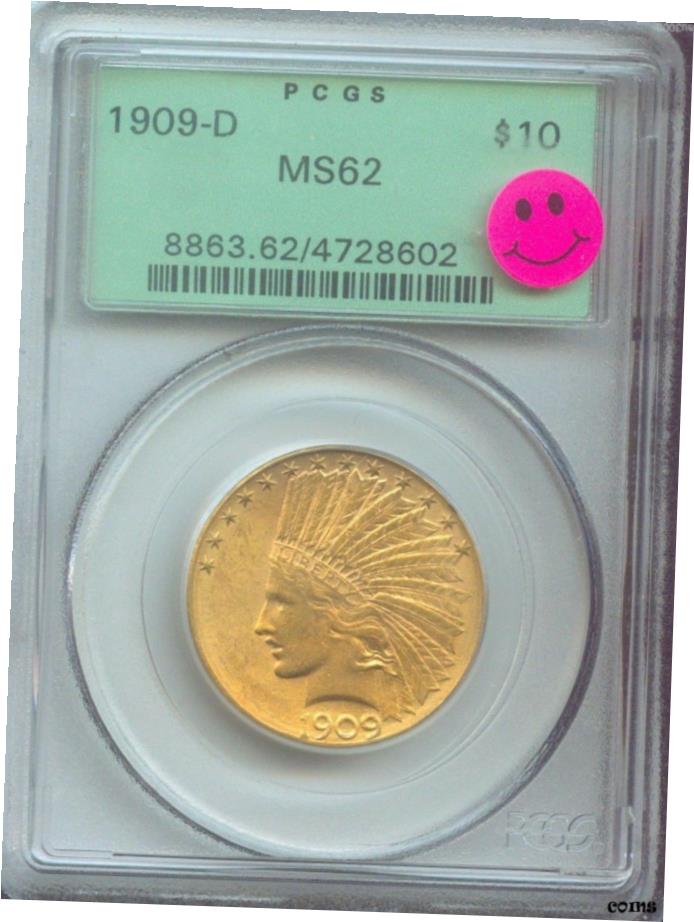 【極美品/品質保証書付】 アンティークコイン 硬貨 1909年-D $10 インドイーグル PCGS MS62 プレミアム 品質 P.Q. OGH オールド グリーンホルダー- show original title [送料無料] #oot-wr-6742-47